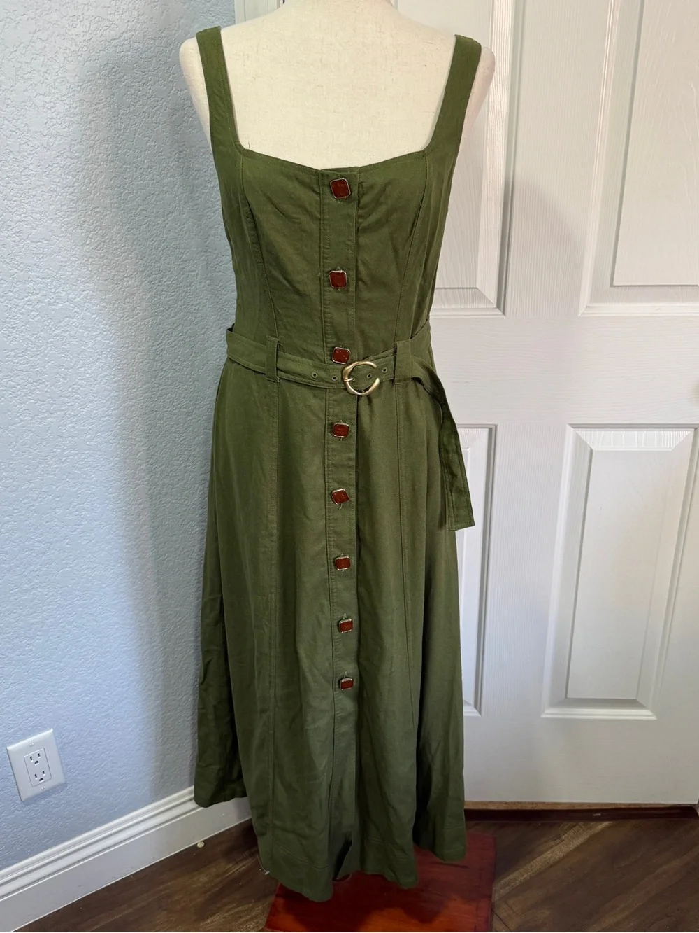 Taylor Olive Green Linen Midi Dress Belted Size 8 Coastal Resort Minimalist - Picture 2 of 14